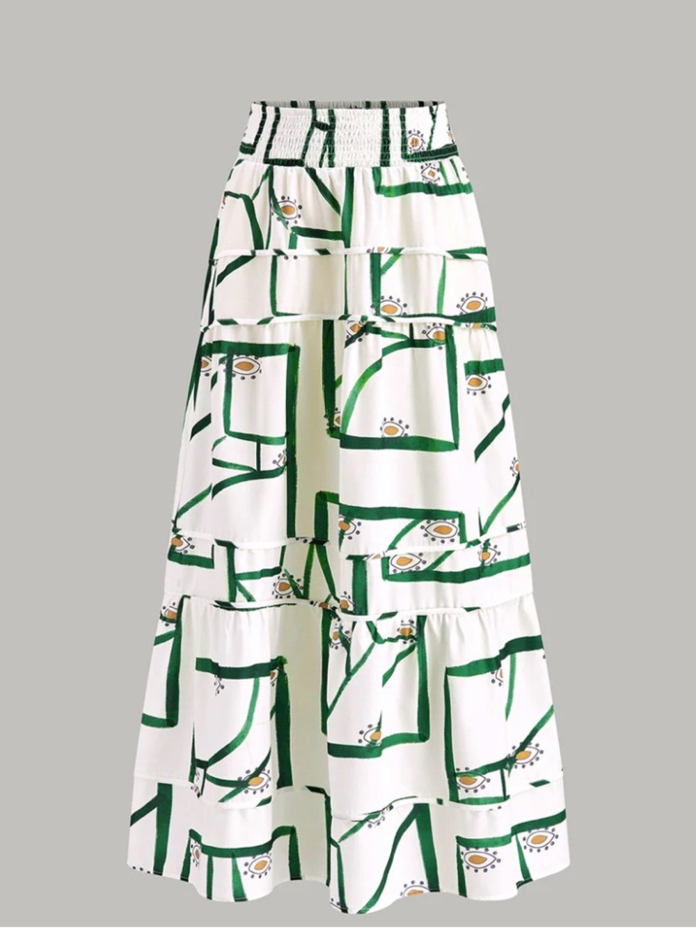 Commense Green, White & Brown Abstract Tiered Maxi Skirt XL Boho Flowy - NWOT